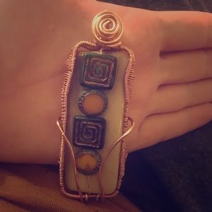 Wire wrapped petrified wood pendant w glass beads